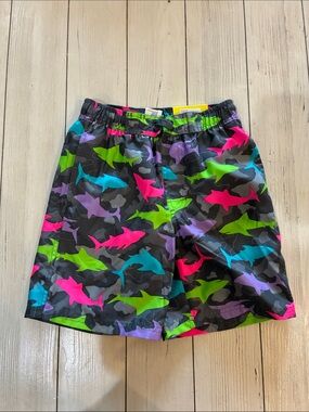 Boys Neon Shark Print Swim Shorts - Black with Multicolor Sharks